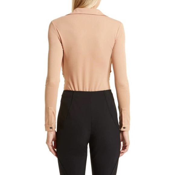 Donna Karan New York Twist Front Plunge LS Crepe Jersey Bodysuit, Toast, Size XS - Picture 2 of 10